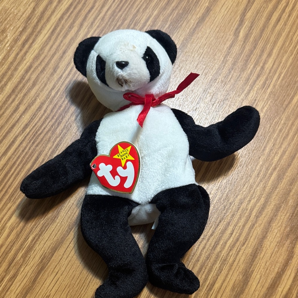 Ty Black and White Panda Plush with Red Ribbon